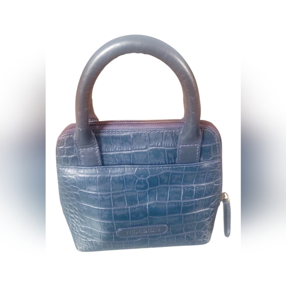 Hidesign Women's Elegant Blue  Croc-Embossed Leather Mini Handbag - Picture 1 of 8